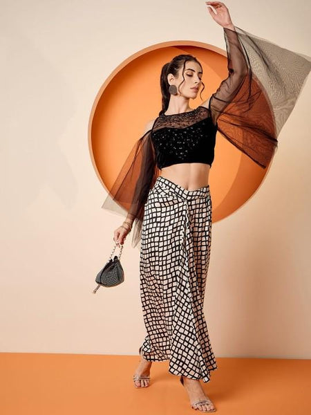 Black Embellished Crop Top & Draped Skirt Set For Women, Indian Top with Dhoti Skirt Set, Ethnic Indo Western Fusion Outfit, Coords VitansEthnics