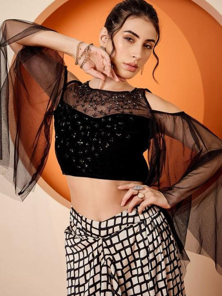 Black Embellished Crop Top & Draped Skirt Set For Women, Indian Top with Dhoti Skirt Set, Ethnic Indo Western Fusion Outfit, Coords VitansEthnics