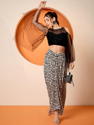 Black Embellished Crop Top & Draped Skirt Set For Women, Indian Top with Dhoti Skirt Set, Ethnic Indo Western Fusion Outfit, Coords VitansEthnics