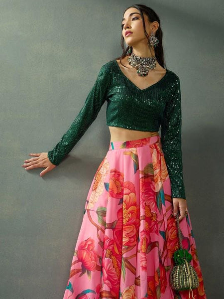 Embellished Sequinned Crop Top With Skirt For Women, Indian Lehenga Choli, Wedding Guest Outfit, Indian Dress, Party Indo Western Dress VitansEthnics