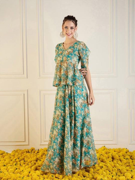 Floral Printed Top With Skirt For Women, Indian Lehenga Choli, Wedding Guest Outfit, Indian Dress, Indian Gown Party Indo Western Dress VitansEthnics