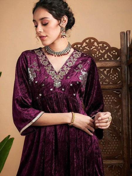 Embroidered Velvet Anarkali Kurta With Palazzo For Women, Tunic With Palazzo, Indian Dress, Party Wear Indo Western Outfit, Kurti Set VitansEthnics