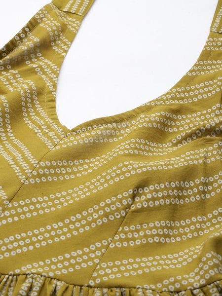 Ethnic Motifs Printed Smocked Fit & Flare Midi Dress For Women, Indian Dress For Women, Indo Western Outfit, Pure Cotton Dress For Women VitansEthnics