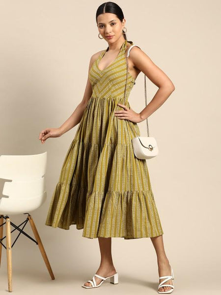 Ethnic Motifs Printed Smocked Fit & Flare Midi Dress For Women, Indian Dress For Women, Indo Western Outfit, Pure Cotton Dress For Women VitansEthnics