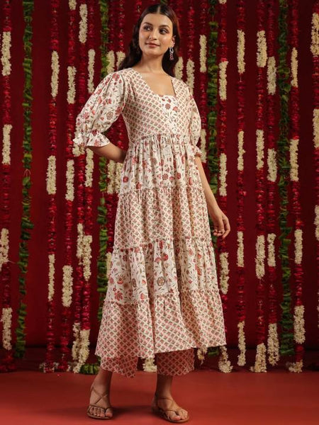 White & Pink Floral Print Tiered Pure Cotton Anarkali Kurta with Trousers For Women, Indian Dress, Party Wear Indo Western Outfit, Kurti Set VitansEthnics