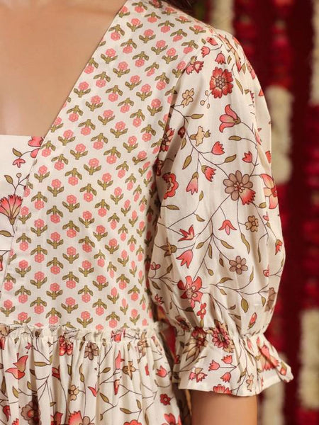 White & Pink Floral Print Tiered Pure Cotton Anarkali Kurta with Trousers For Women, Indian Dress, Party Wear Indo Western Outfit, Kurti Set VitansEthnics