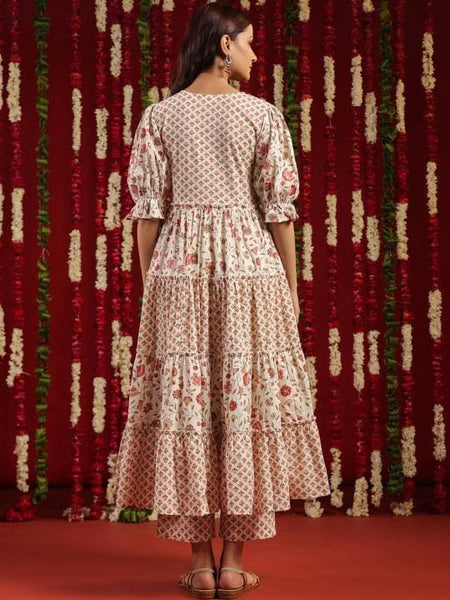 White & Pink Floral Print Tiered Pure Cotton Anarkali Kurta with Trousers For Women, Indian Dress, Party Wear Indo Western Outfit, Kurti Set VitansEthnics
