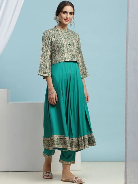 Floral Print Anarkali Kurta With Trouser Pants & Jacket For Women, Indian Dress, Party Wear Indo Western Outfit, Kurti Set, Indian Suit Set VitansEthnics