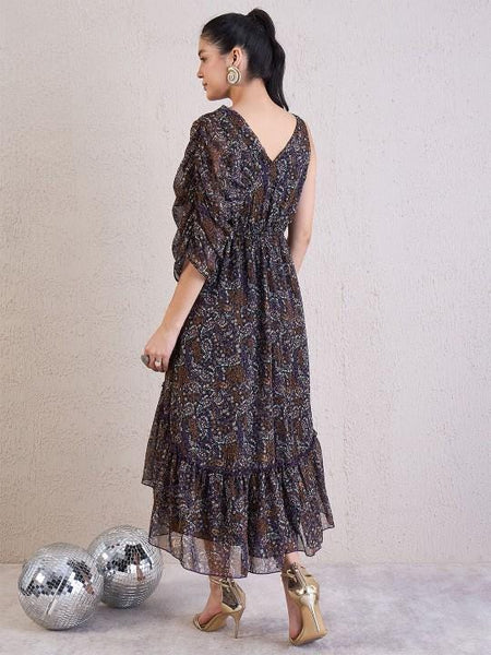 Embellished Layered Fit and Flare Midi Dress For Women, Indian Dress For Women, Indo Western Outfit, Floral Party Wear Dress For Women VitansEthnics