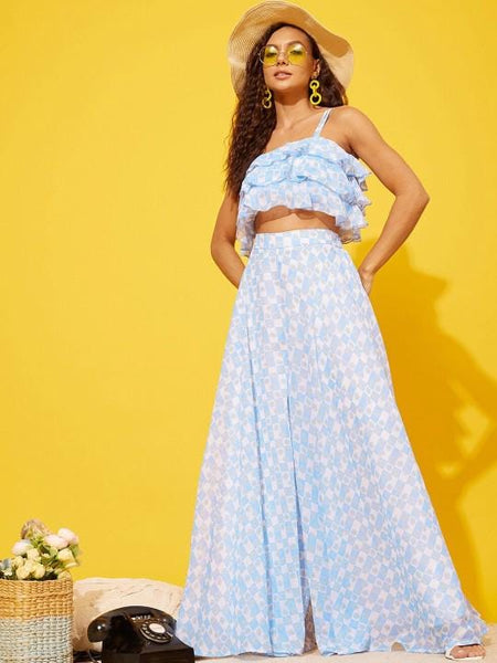 Printed Ruffled Crop Top With Palazzo Set for Women, Coord Set, Indian Dress, Indo Western Outfit VitansEthnics