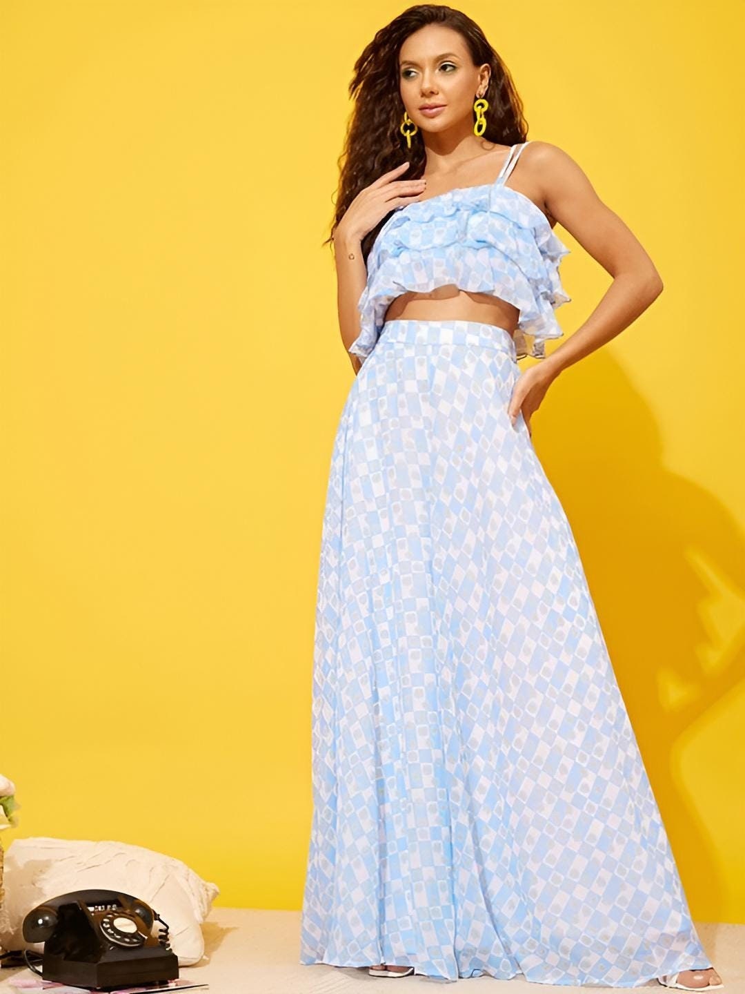 Printed Ruffled Crop Top With Palazzo Set for Women, Coord Set, Indian Dress, Indo Western Outfit VitansEthnics