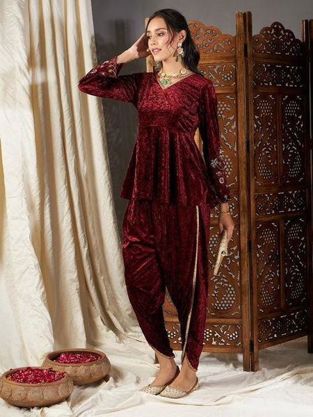 Embroidered Velvet Peplum Kurta With Dhoti Pants For Women, Tunic With Palazzo, Indian Dress, Party Wear Indo Western Outfit, Dhoti Kurta VitansEthnics