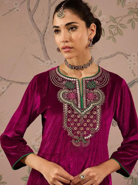 Embroidered Velvet Kurta With Trousers For Women, Indian Suit Set, Indian Dress, Party Wear Indo Western Outfit, Kurti Set, Wedding Outfit VitansEthnics