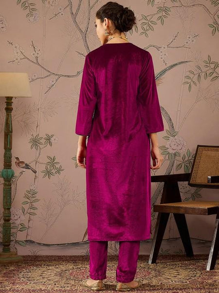 Embroidered Velvet Kurta With Trousers For Women, Indian Suit Set, Indian Dress, Party Wear Indo Western Outfit, Kurti Set, Wedding Outfit VitansEthnics