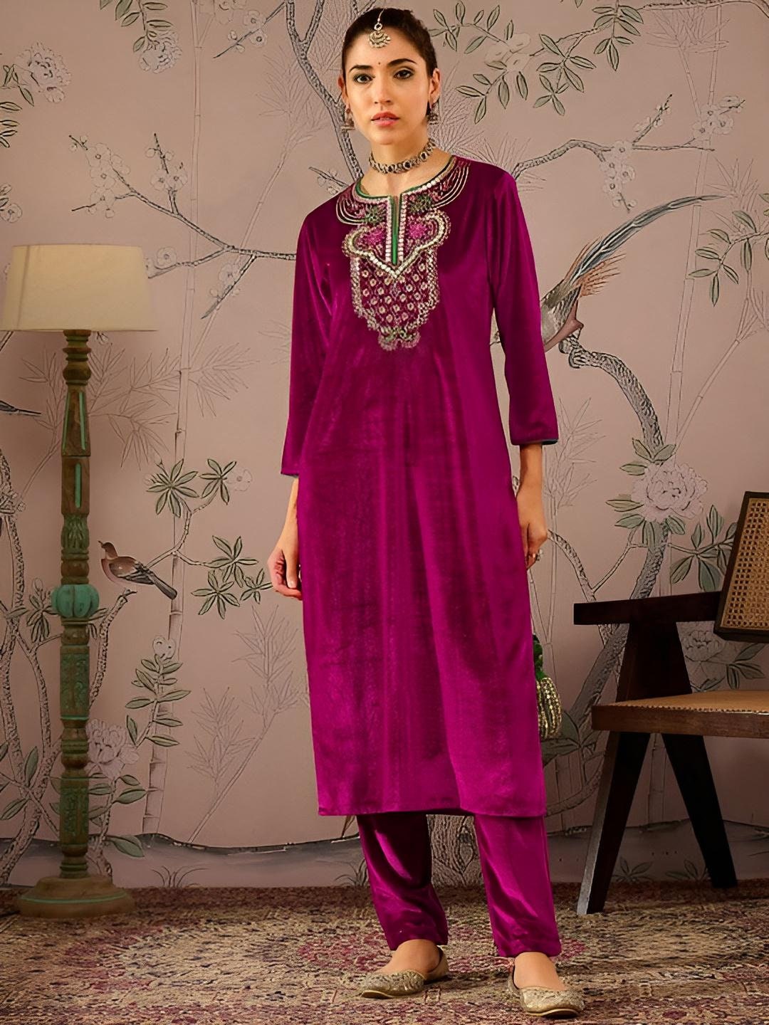Embroidered Velvet Kurta With Trousers For Women, Indian Suit Set, Indian Dress, Party Wear Indo Western Outfit, Kurti Set, Wedding Outfit VitansEthnics