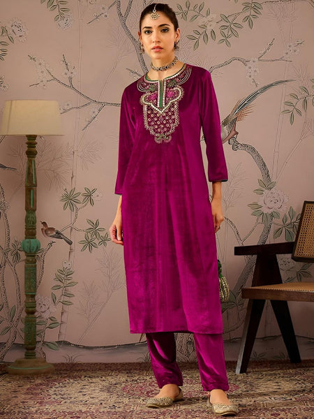 Embroidered Velvet Kurta With Trousers For Women, Indian Suit Set, Indian Dress, Party Wear Indo Western Outfit, Kurti Set, Wedding Outfit VitansEthnics