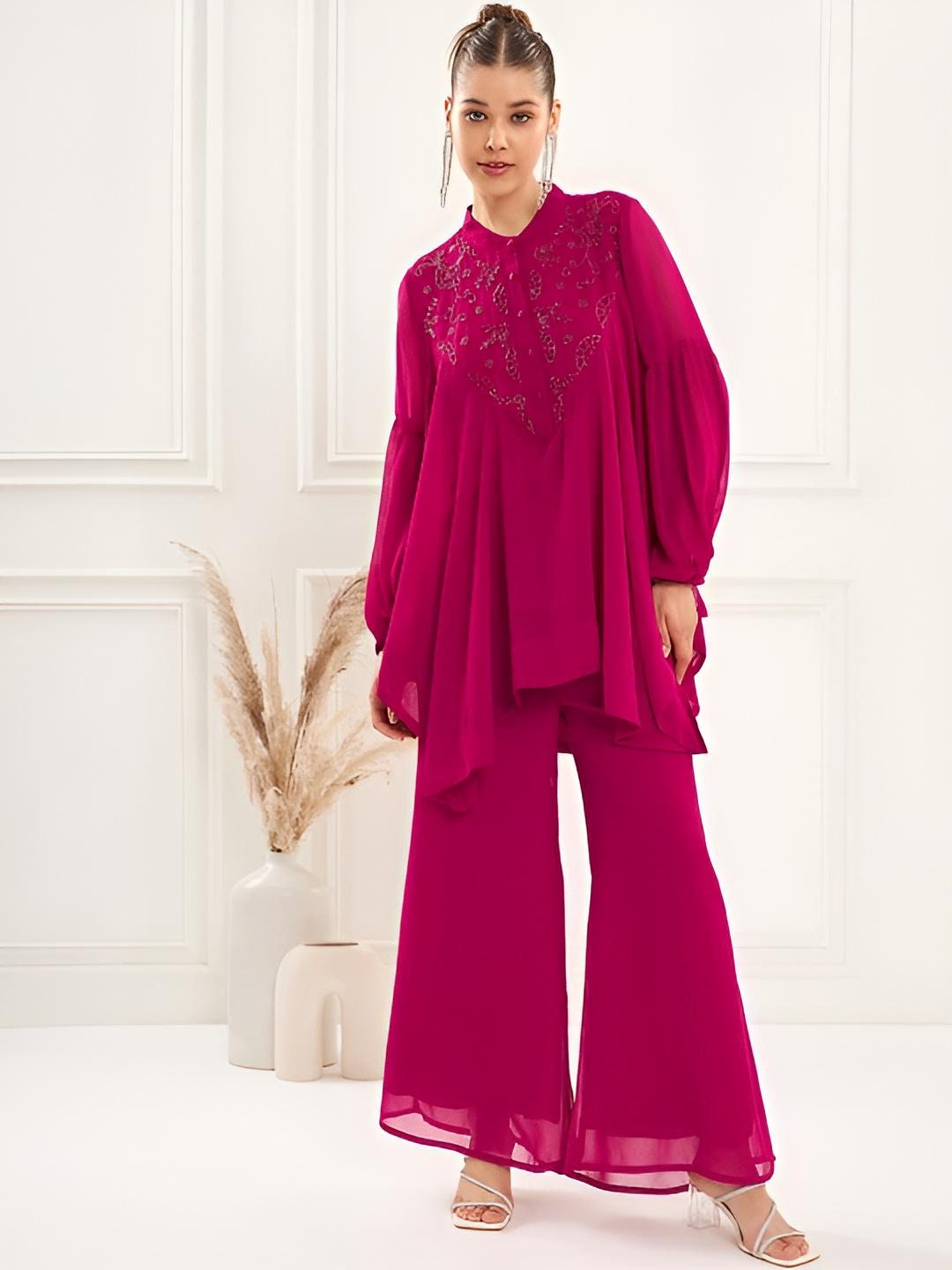 Embellished Asymmetric Top With Palazzo Co-Ords Set For Women, Top with Palazzo Set, Indo Western Outfit, Ethnic Indian Dress, Wedding Wear VitansEthnics