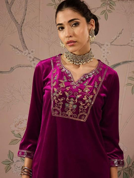 Embroidered Velvet Kurta With Palazzo For Women, Tunic With Palazzo, Indian Dress, Party Wear Indo Western Outfit, Kurti Set, Wedding Outfit VitansEthnics
