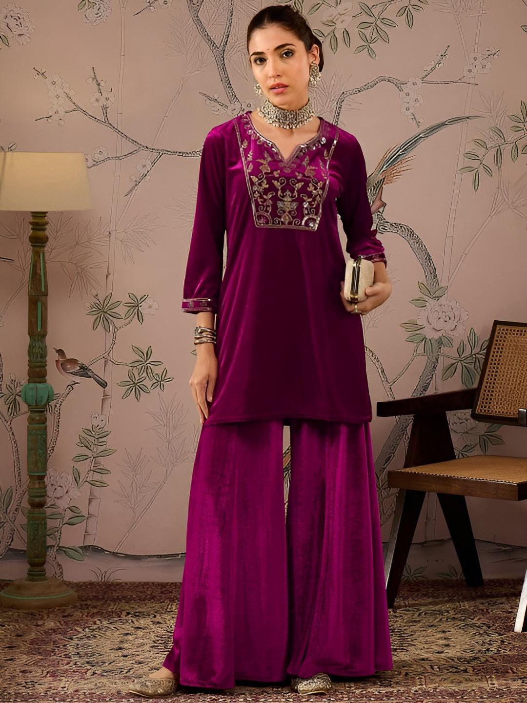 Embroidered Velvet Kurta With Palazzo For Women, Tunic With Palazzo, Indian Dress, Party Wear Indo Western Outfit, Kurti Set, Wedding Outfit VitansEthnics