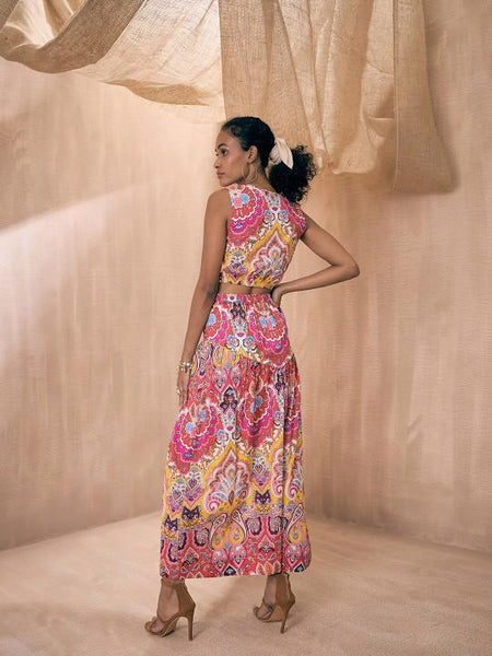 Pink Ethnic Motifs Printed V-Neck Crop Top With Flared Skirt Set for Women, Coord Set, Indian Dress, Indo Western Outfit VitansEthnics