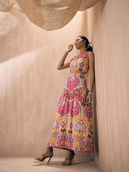 Pink Ethnic Motifs Printed V-Neck Crop Top With Flared Skirt Set for Women, Coord Set, Indian Dress, Indo Western Outfit VitansEthnics