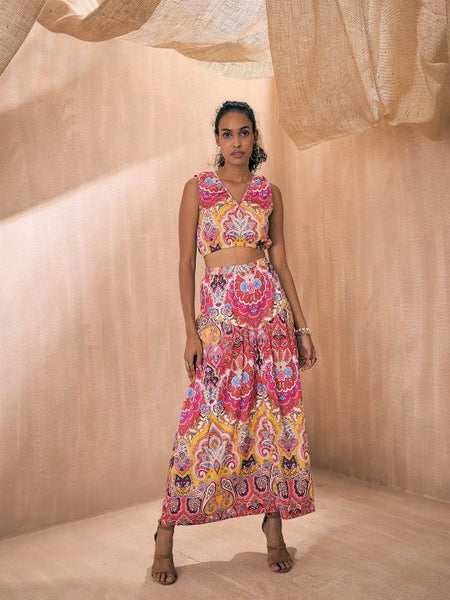 Pink Ethnic Motifs Printed V-Neck Crop Top With Flared Skirt Set for Women, Coord Set, Indian Dress, Indo Western Outfit VitansEthnics