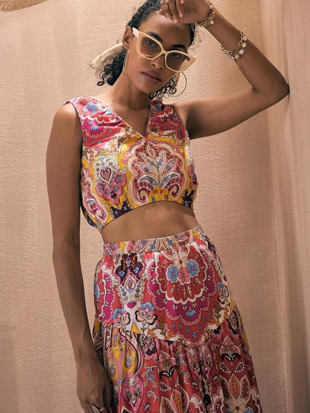 Pink Ethnic Motifs Printed V-Neck Crop Top With Flared Skirt Set for Women, Coord Set, Indian Dress, Indo Western Outfit VitansEthnics