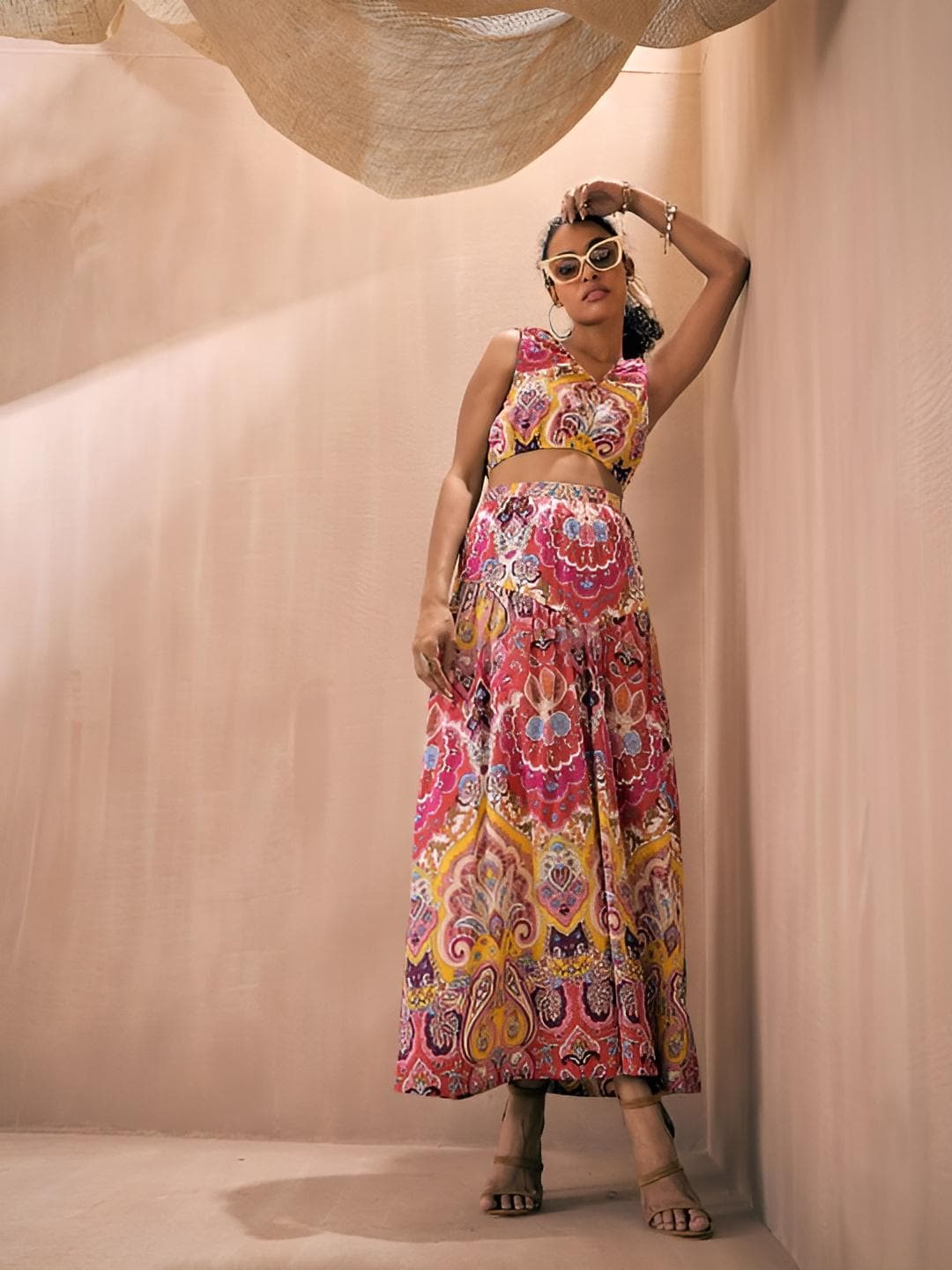 Pink Ethnic Motifs Printed V-Neck Crop Top With Flared Skirt Set for Women, Coord Set, Indian Dress, Indo Western Outfit VitansEthnics