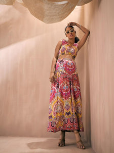 Pink Ethnic Motifs Printed V-Neck Crop Top With Flared Skirt Set for Women, Coord Set, Indian Dress, Indo Western Outfit VitansEthnics