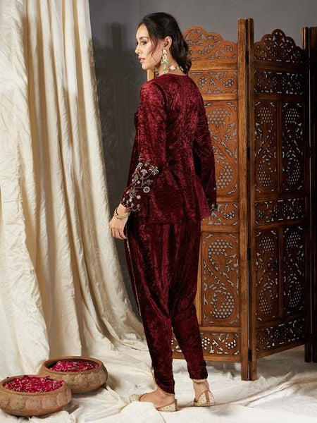 Embroidered Velvet Peplum Kurta With Dhoti Pants For Women, Tunic With Palazzo, Indian Dress, Party Wear Indo Western Outfit, Dhoti Kurta VitansEthnics