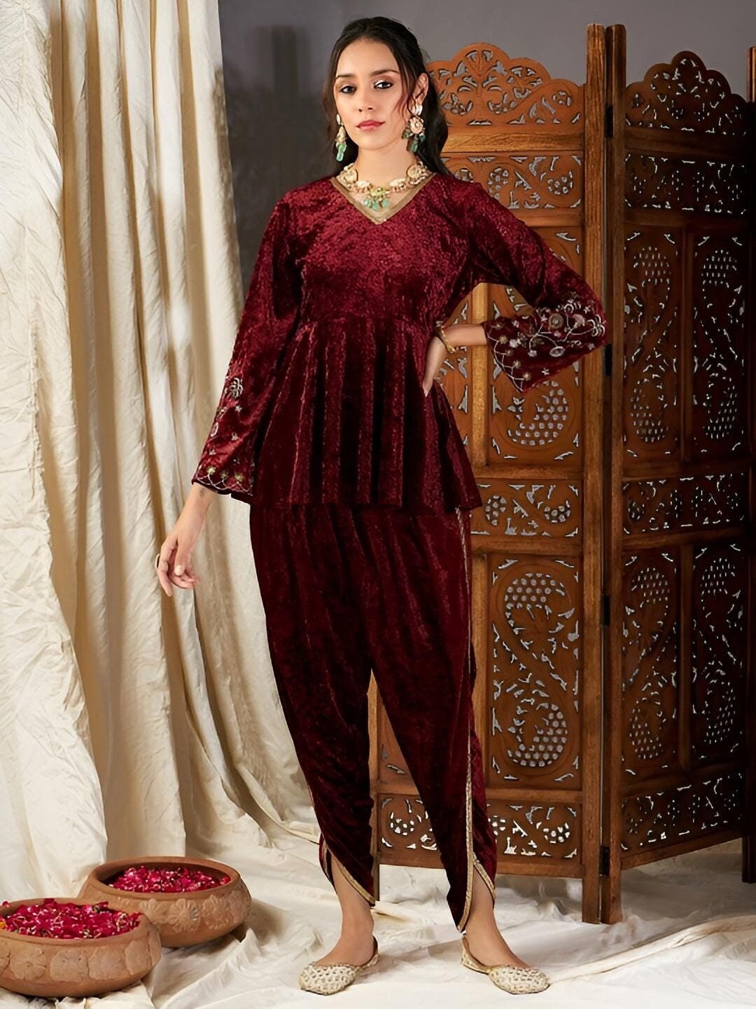 Embroidered Velvet Peplum Kurta With Dhoti Pants For Women, Tunic With Palazzo, Indian Dress, Party Wear Indo Western Outfit, Dhoti Kurta VitansEthnics