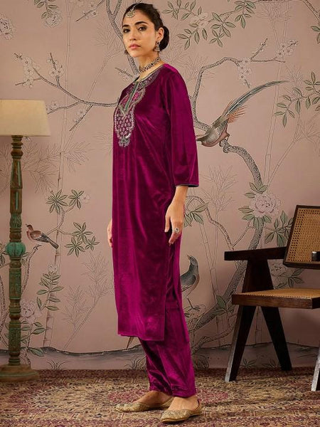 Embroidered Velvet Kurta With Trousers For Women, Indian Suit Set, Indian Dress, Party Wear Indo Western Outfit, Kurti Set, Wedding Outfit VitansEthnics