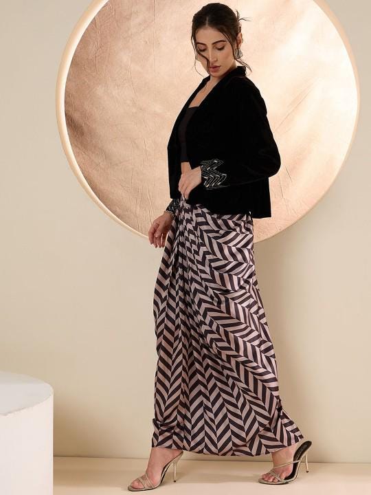 Black Embellished Jacket With Draped Skirt Indo Western Set