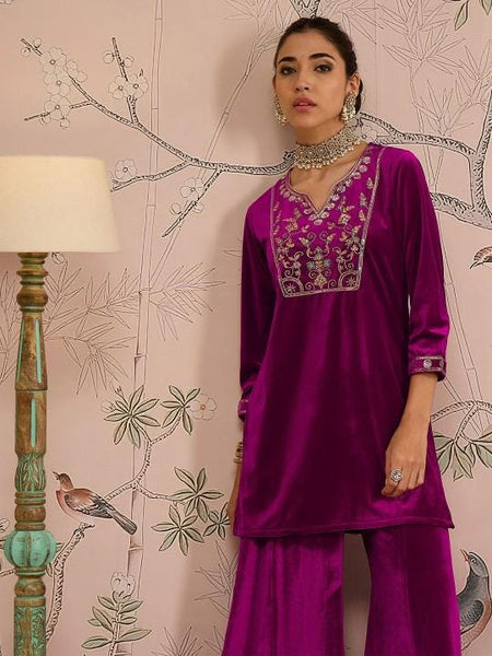 Embroidered Velvet Kurta With Palazzo For Women, Tunic With Palazzo, Indian Dress, Party Wear Indo Western Outfit, Kurti Set, Wedding Outfit VitansEthnics