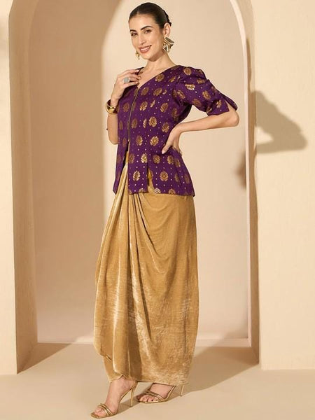Brocade V-Neck Top With Drape Skirt Set For Women, Indian Top with Dhoti Skirt Set, Ethnic Indo Western Outfit, Coords Set, Indian Dress VitansEthnics