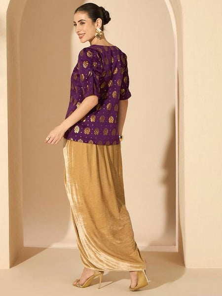 Brocade V-Neck Top With Drape Skirt Set For Women, Indian Top with Dhoti Skirt Set, Ethnic Indo Western Outfit, Coords Set, Indian Dress VitansEthnics