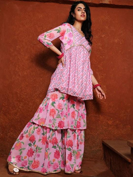 Floral Printed Gotta Patti Kurti With Sharara & Dupatta For Women, Sharara Suit Set, Coord Set, Ethnic Indian Dress, Kurti Set, Indo Western VitansEthnics