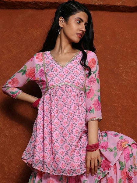 Floral Printed Gotta Patti Kurti With Sharara & Dupatta For Women, Sharara Suit Set, Coord Set, Ethnic Indian Dress, Kurti Set, Indo Western VitansEthnics