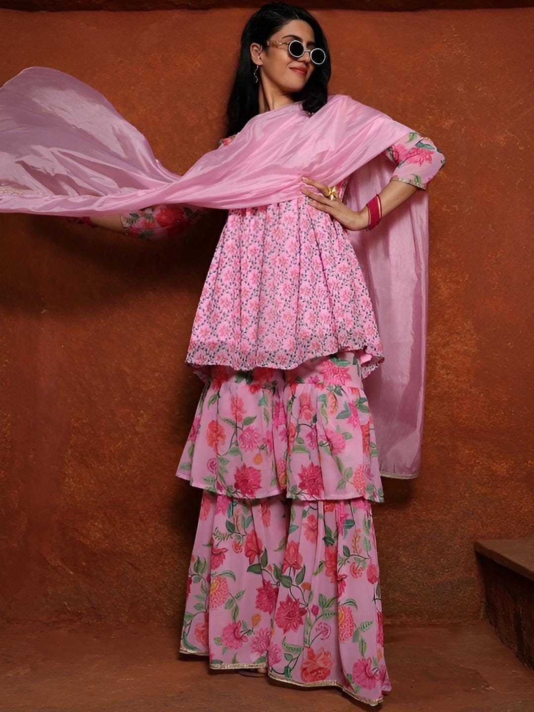 Floral Printed Gotta Patti Kurti With Sharara & Dupatta For Women, Sharara Suit Set, Coord Set, Ethnic Indian Dress, Kurti Set, Indo Western VitansEthnics
