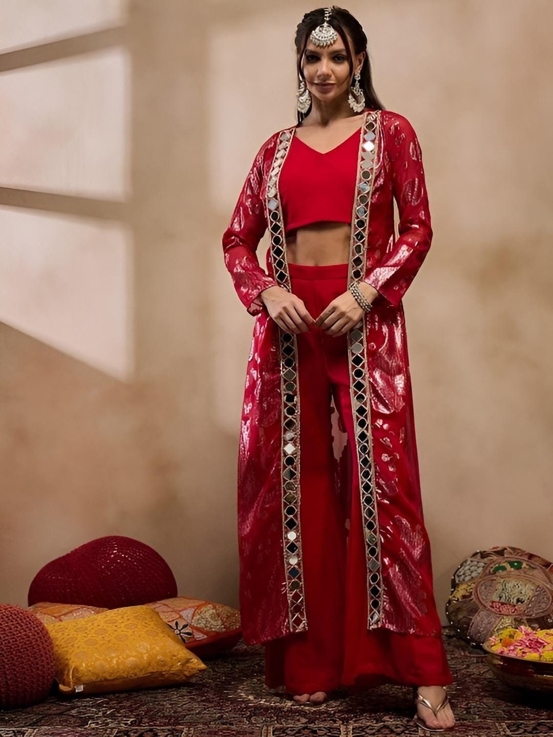 Crop Top With Bell Bottom Palazzo and Shrug Set for Women, Coord Set, Festival Outfit Ethnic Indian Dress, Wedding Guest Indo Western Outfit36 VitansEthnics