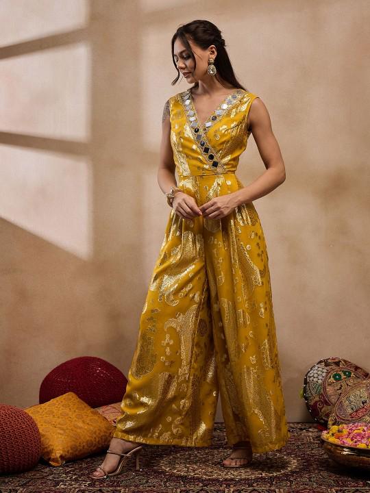 Yellow Overlap Neck Mirror Work Jumpsuit – VitansEthnics