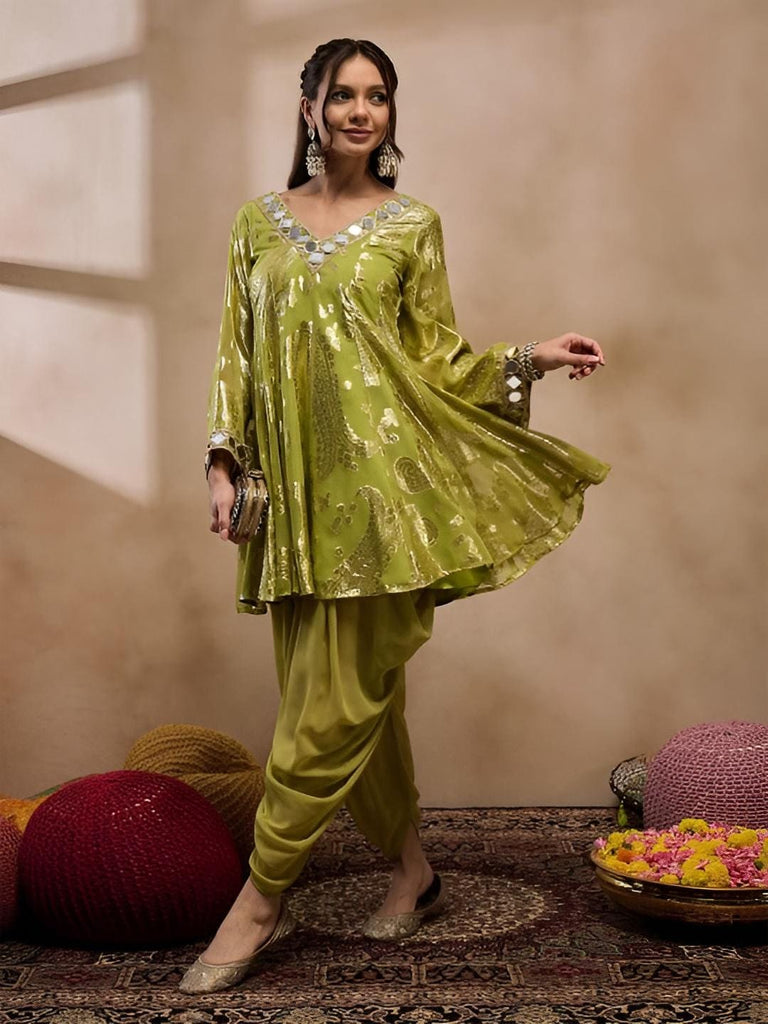 Olive Green Floral Woven Mirror Work Kurti with Dhoti Pants XL Olive Green Floral Woven Mirror Work Kurti with Dhoti Pants XL