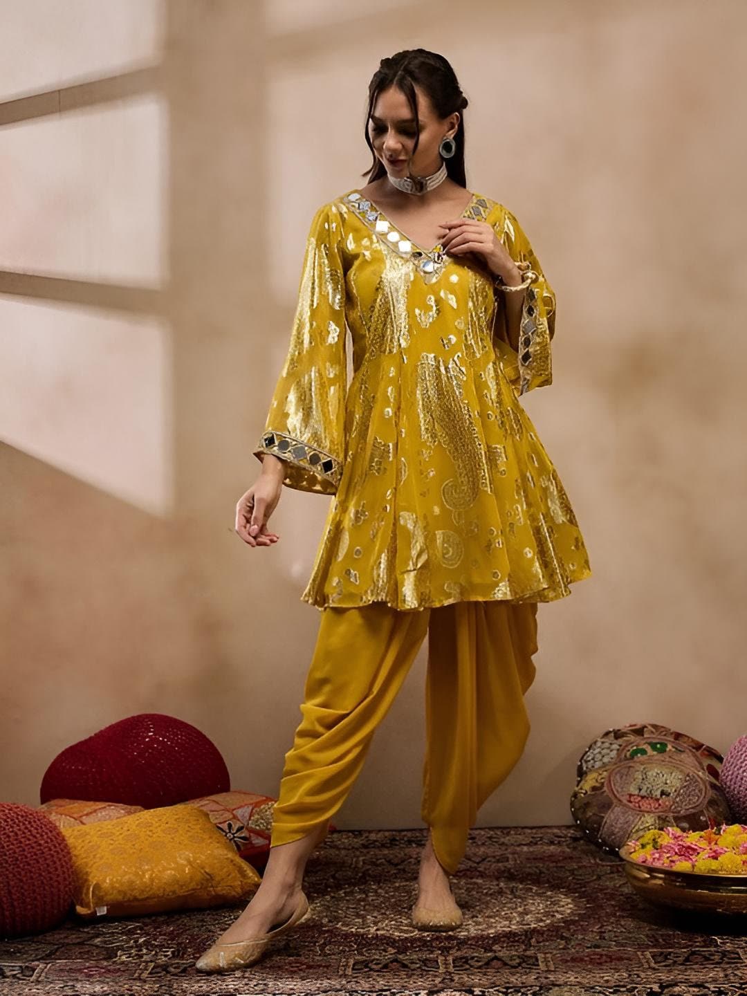 Floral Woven Mirror Work Kurti with Dhoti Pants For Women, Tunic With Palazzo, Indian Dress, Party Indo Western Outfit, Dhoti Kurta Set6 VitansEthnics