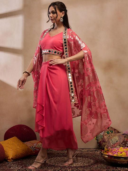 Crop Top With Drape Skirt and Shrug Set for Women, Coord Set, Festive Outfit Ethnic Indian Dress, Wedding Guest Indo Western Outfit1 VitansEthnics