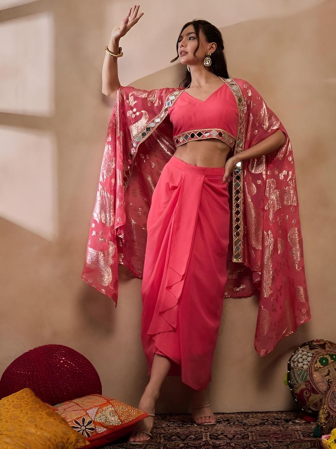 Crop Top With Drape Skirt and Shrug Set for Women, Coord Set, Festive Outfit Ethnic Indian Dress, Wedding Guest Indo Western Outfit1 VitansEthnics