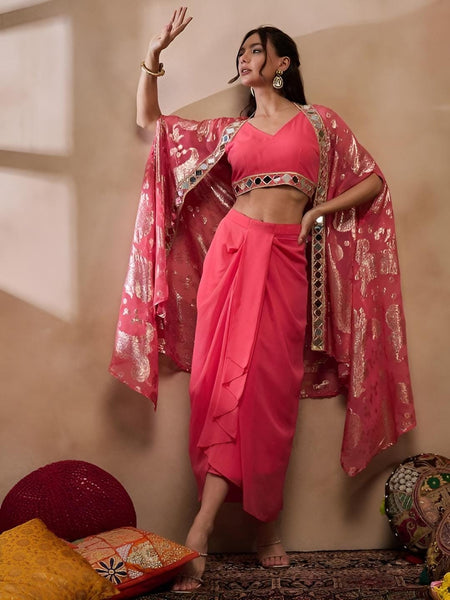 Crop Top With Drape Skirt and Shrug Set for Women, Coord Set, Festive Outfit Ethnic Indian Dress, Wedding Guest Indo Western Outfit1 VitansEthnics