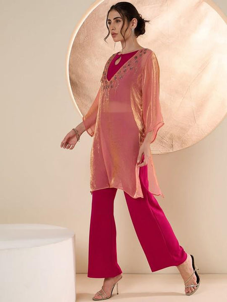 Embellished Crop Top & Short Kurti With Trousers Set for Women, Coord Set, Ethnic Indian Dress, Party Indo Western Outfit, Wedding Kurti Set VitansEthnics