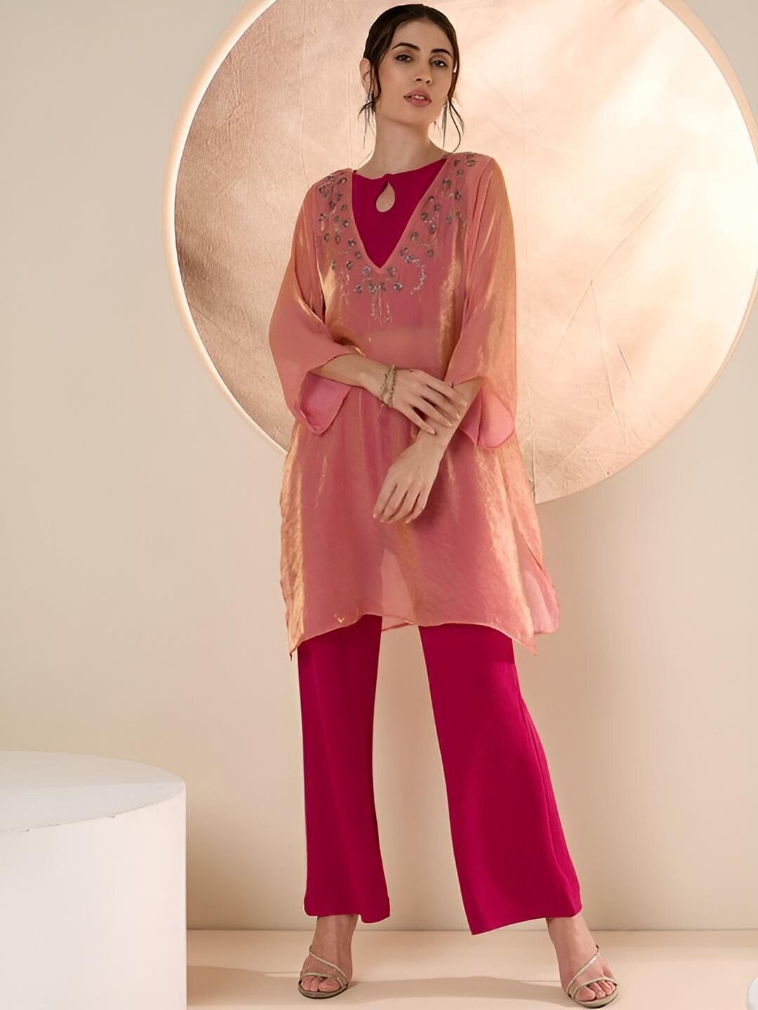 Embellished Crop Top & Short Kurti With Trousers Set for Women, Coord Set, Ethnic Indian Dress, Party Indo Western Outfit, Wedding Kurti Set VitansEthnics