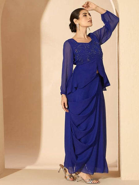Blue Embellished Square Neck Top With Drape Skirt Set For Women, Indian Top with Dhoti Skirt Set, Ethnic Indo Western Fusion Outfit, Coords VitansEthnics