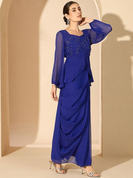 Blue Embellished Square Neck Top With Drape Skirt Set For Women, Indian Top with Dhoti Skirt Set, Ethnic Indo Western Fusion Outfit, Coords VitansEthnics